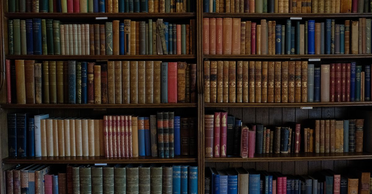 Estantería de biblioteca con libros antiguos y lomos gastados